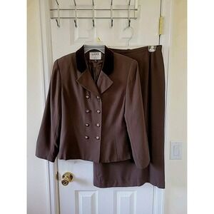 Kasper For A.S.L Skirt Suit Size 10 Brown Velvet Collar Lined Double Breasted